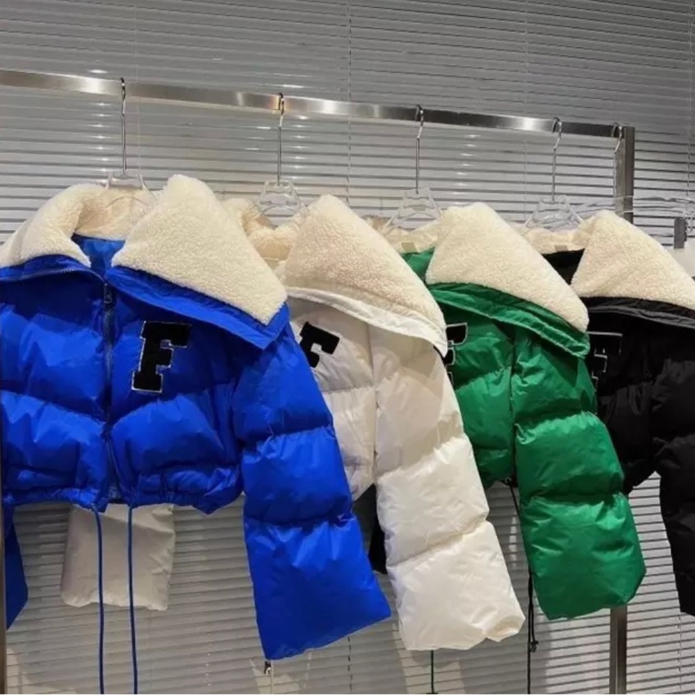 White Cropped LetterMan Puffer Jacket w Sherpa Fleece Hood